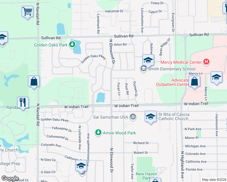 map of restaurants, bars, coffee shops, grocery stores, and more near 1260 North Elmwood Drive in Aurora