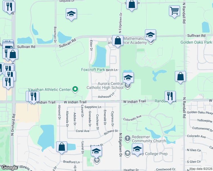 map of restaurants, bars, coffee shops, grocery stores, and more near 1282 Appletree Lane in Aurora