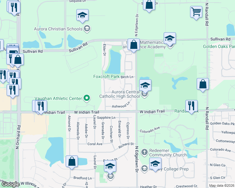 map of restaurants, bars, coffee shops, grocery stores, and more near 1282 Appletree Lane in Aurora