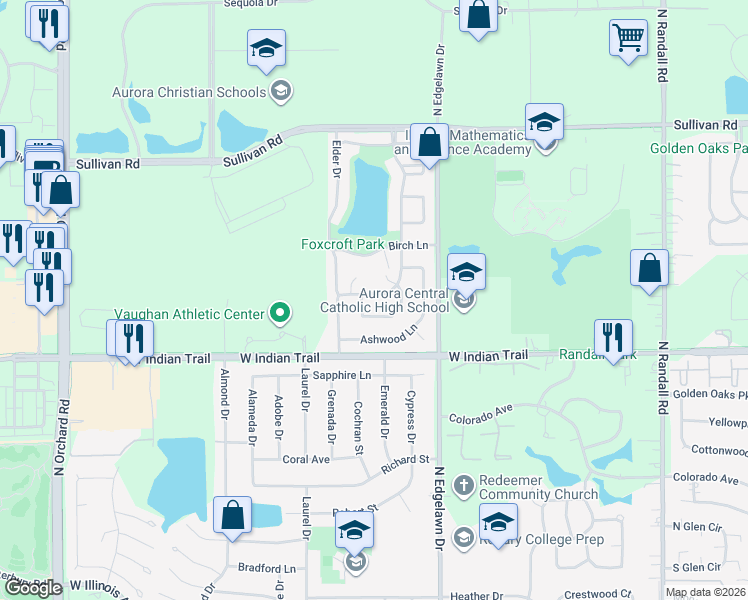 map of restaurants, bars, coffee shops, grocery stores, and more near 1282 Appletree Lane in Aurora