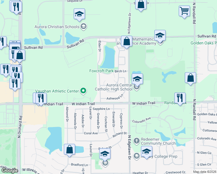 map of restaurants, bars, coffee shops, grocery stores, and more near 1282 Appletree Lane in Aurora