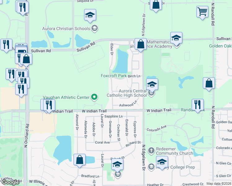 map of restaurants, bars, coffee shops, grocery stores, and more near 1205 Foxcroft Drive in Aurora