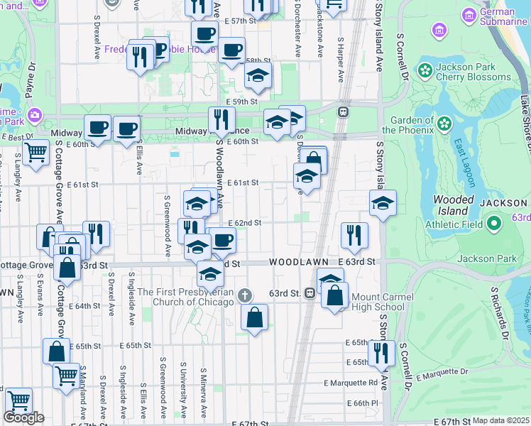 map of restaurants, bars, coffee shops, grocery stores, and more near 6146 South Kenwood Avenue in Chicago