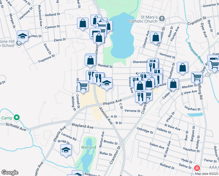 map of restaurants, bars, coffee shops, grocery stores, and more near 15 Mayberry Street in Cranston
