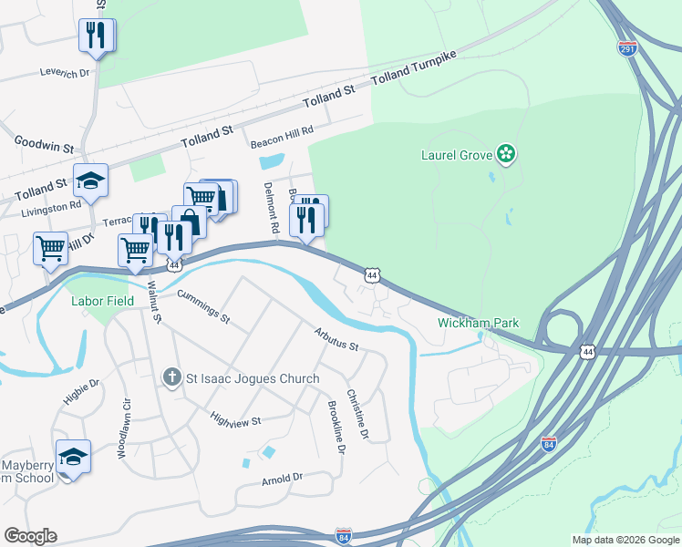 map of restaurants, bars, coffee shops, grocery stores, and more near 1285 Burnside Avenue in East Hartford