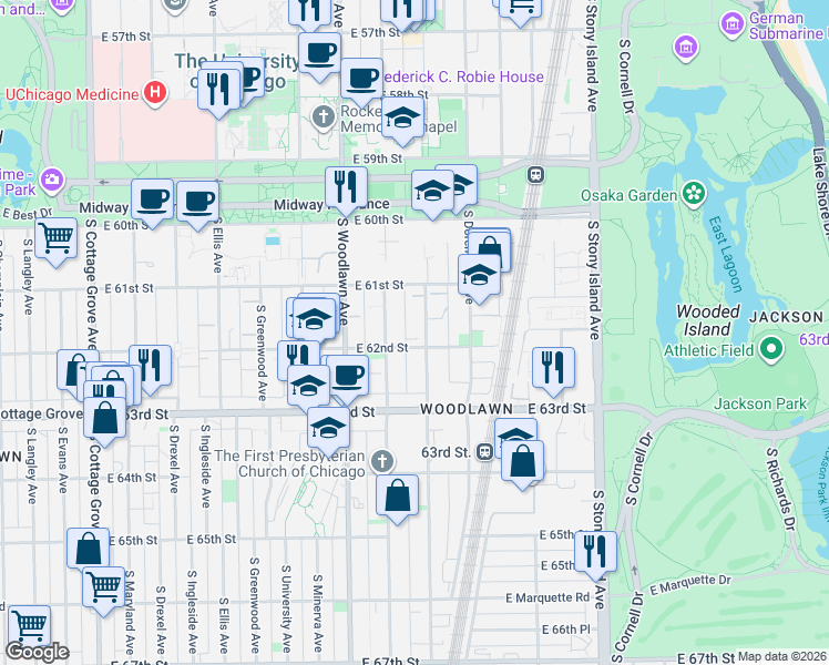 map of restaurants, bars, coffee shops, grocery stores, and more near 1314 East 62nd Street in Chicago