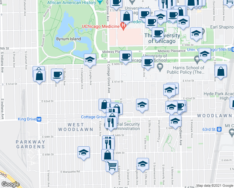 map of restaurants, bars, coffee shops, grocery stores, and more near 6140 South Drexel Avenue in Chicago
