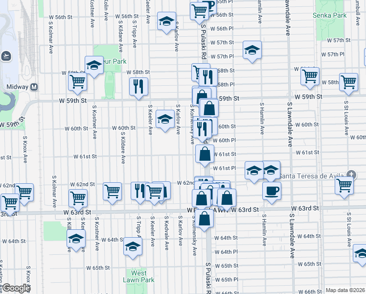 map of restaurants, bars, coffee shops, grocery stores, and more near 6054 South Komensky Avenue in Chicago