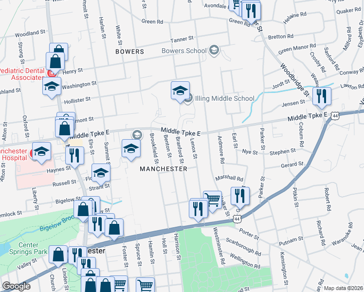 map of restaurants, bars, coffee shops, grocery stores, and more near 141 Branford Street in Manchester