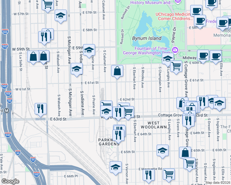 map of restaurants, bars, coffee shops, grocery stores, and more near 6154 South Doctor Martin Luther King Junior Drive in Chicago