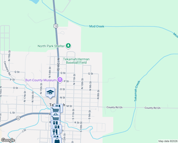 map of restaurants, bars, coffee shops, grocery stores, and more near 909 Q Street in Tekamah