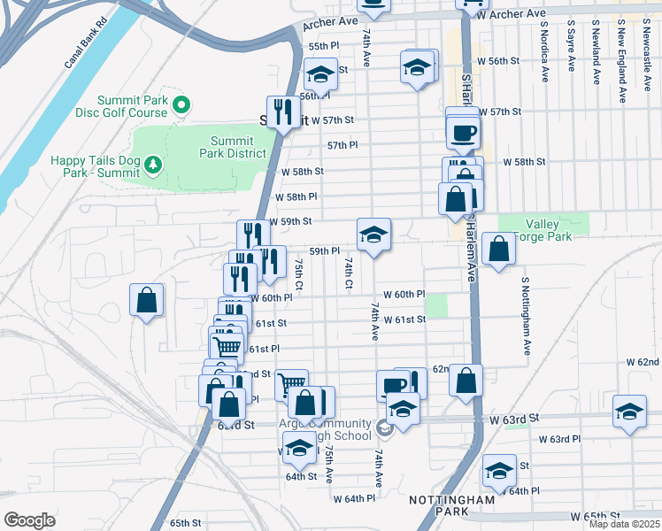 map of restaurants, bars, coffee shops, grocery stores, and more near 6058 75th Avenue in Summit