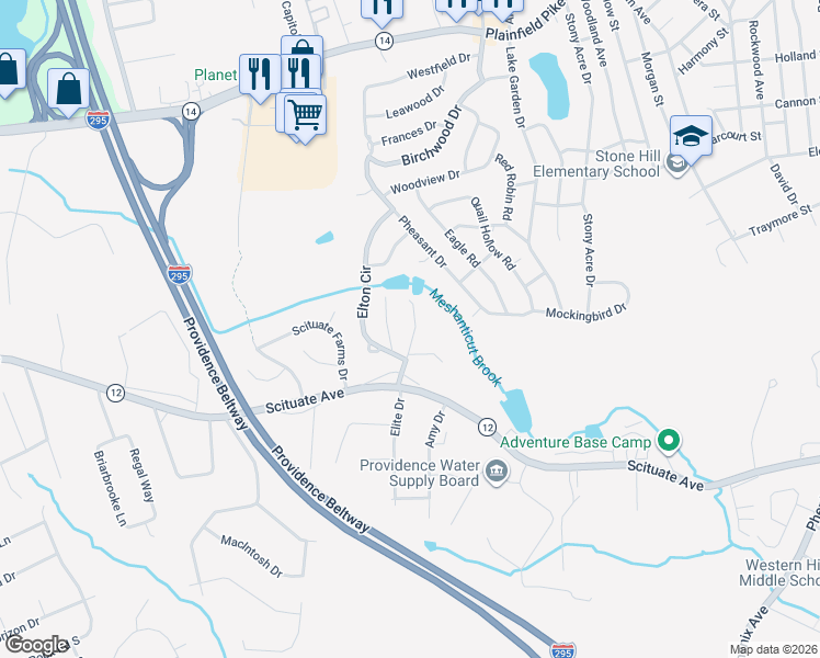 map of restaurants, bars, coffee shops, grocery stores, and more near 40 Arrow Way in Cranston