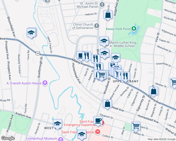 map of restaurants, bars, coffee shops, grocery stores, and more near 50 Kent Street in Hartford