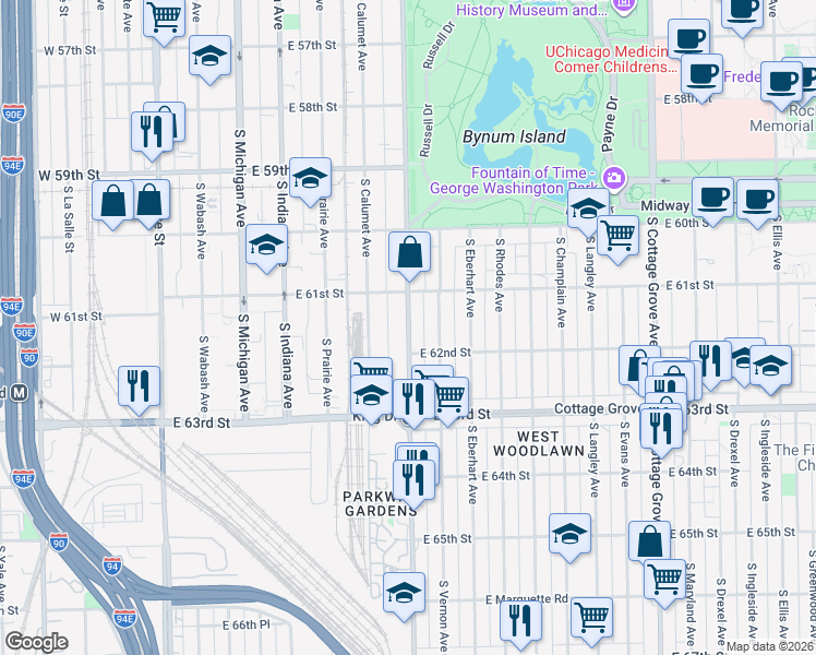 map of restaurants, bars, coffee shops, grocery stores, and more near 6146 South Vernon Avenue in Chicago