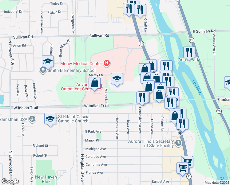 map of restaurants, bars, coffee shops, grocery stores, and more near 309 West New Indian Trail Court in Aurora