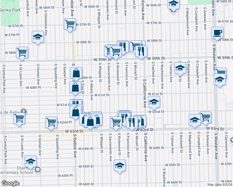 map of restaurants, bars, coffee shops, grocery stores, and more near 6104 South Richmond Street in Chicago