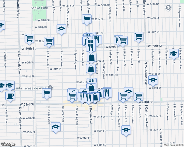 map of restaurants, bars, coffee shops, grocery stores, and more near 6104 South Kedzie Avenue in Chicago