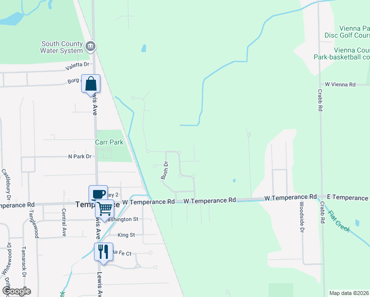map of restaurants, bars, coffee shops, grocery stores, and more near 9174 Village Meadows Drive in Temperance