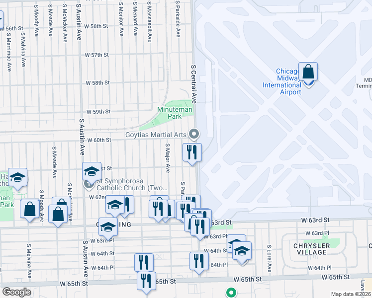 map of restaurants, bars, coffee shops, grocery stores, and more near 6034 South Parkside Avenue in Chicago