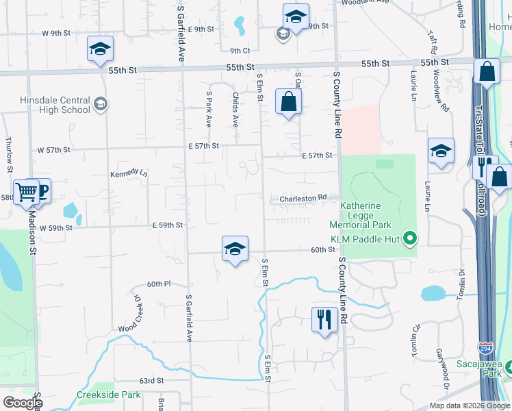 map of restaurants, bars, coffee shops, grocery stores, and more near 228 Meadowbrook Lane in Hinsdale