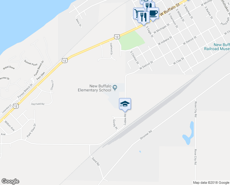 map of restaurants, bars, coffee shops, grocery stores, and more near 12291 Lubke Road in New Buffalo