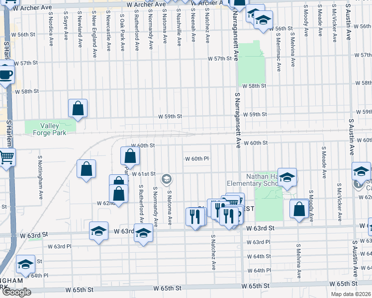 map of restaurants, bars, coffee shops, grocery stores, and more near 6554 West 60th Place in Chicago