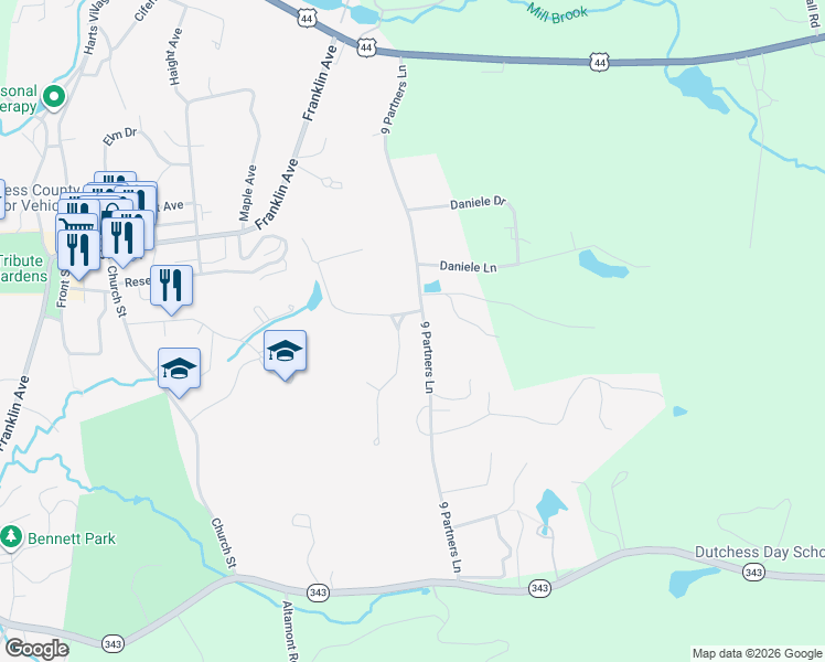map of restaurants, bars, coffee shops, grocery stores, and more near 11 Linden Lane in Millbrook