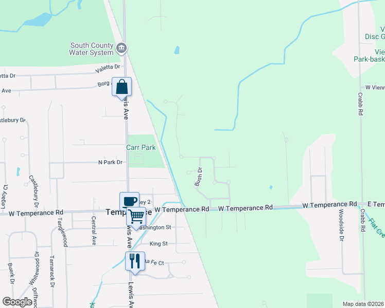 map of restaurants, bars, coffee shops, grocery stores, and more near 9256 Village Meadows Drive in Temperance