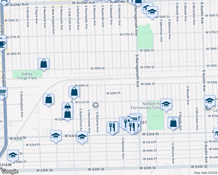 map of restaurants, bars, coffee shops, grocery stores, and more near 6554 West 60th Place in Chicago