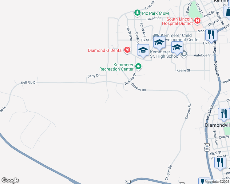 map of restaurants, bars, coffee shops, grocery stores, and more near 1667 Nation's Drive in Kemmerer