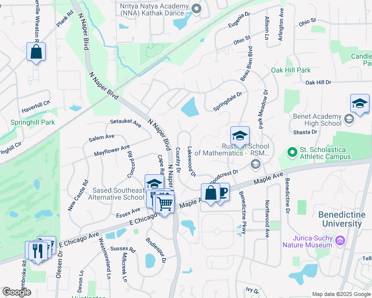 map of restaurants, bars, coffee shops, grocery stores, and more near 6S124 Lakewood Drive in Naperville