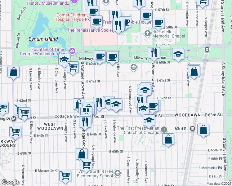 map of restaurants, bars, coffee shops, grocery stores, and more near 6142 South Ellis Avenue in Chicago