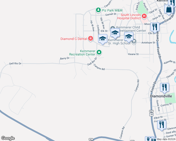 map of restaurants, bars, coffee shops, grocery stores, and more near 1676 Nation's Drive in Kemmerer
