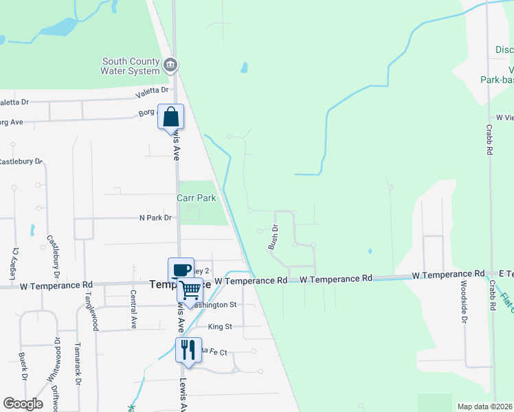 map of restaurants, bars, coffee shops, grocery stores, and more near 9256 Village Meadows Drive in Temperance