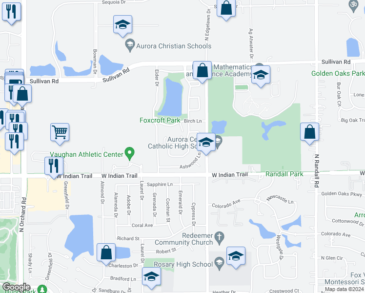 map of restaurants, bars, coffee shops, grocery stores, and more near 1307 Foxcroft Drive in Aurora