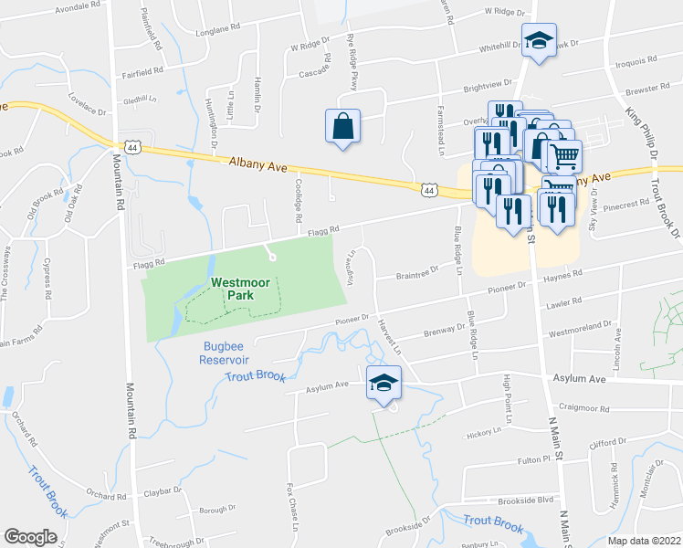 map of restaurants, bars, coffee shops, grocery stores, and more near 33 Visgrove Lane in West Hartford