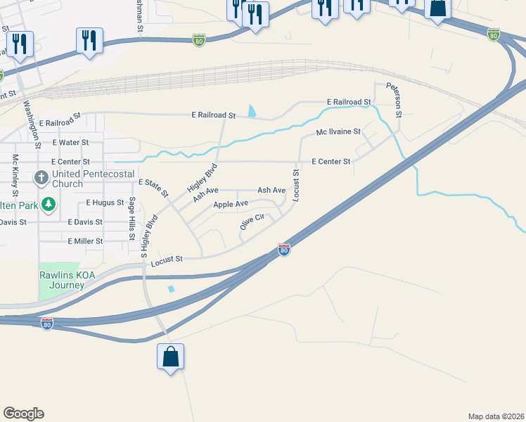 map of restaurants, bars, coffee shops, grocery stores, and more near 621 Olive Circle in Rawlins