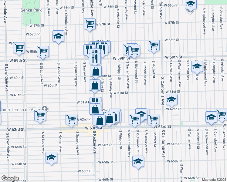 map of restaurants, bars, coffee shops, grocery stores, and more near 6105 South Albany Avenue in Chicago