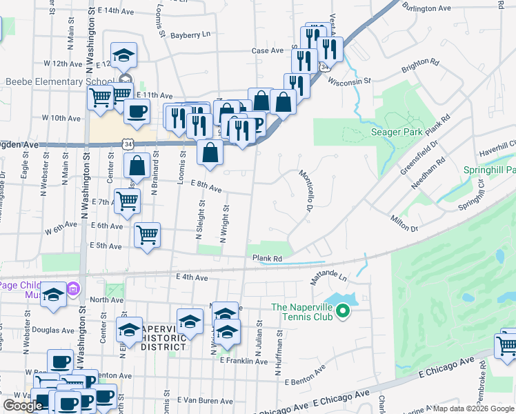 map of restaurants, bars, coffee shops, grocery stores, and more near 626 Columbia Street in Naperville