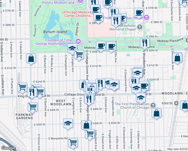 map of restaurants, bars, coffee shops, grocery stores, and more near 6140 South Drexel Avenue in Chicago