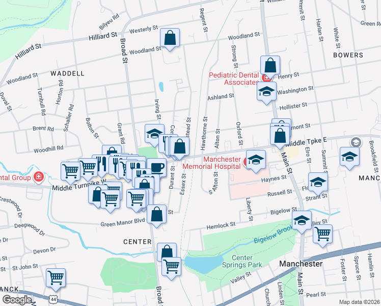 map of restaurants, bars, coffee shops, grocery stores, and more near 166 Middle Turnpike West in Manchester