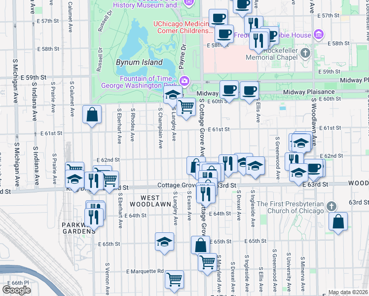 map of restaurants, bars, coffee shops, grocery stores, and more near 6154 South Evans Avenue in Chicago