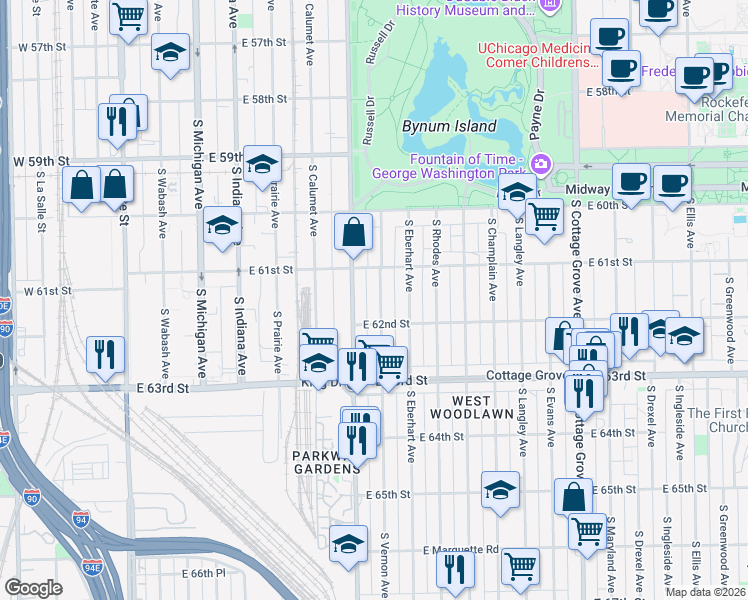 map of restaurants, bars, coffee shops, grocery stores, and more near 6146 South Vernon Avenue in Chicago