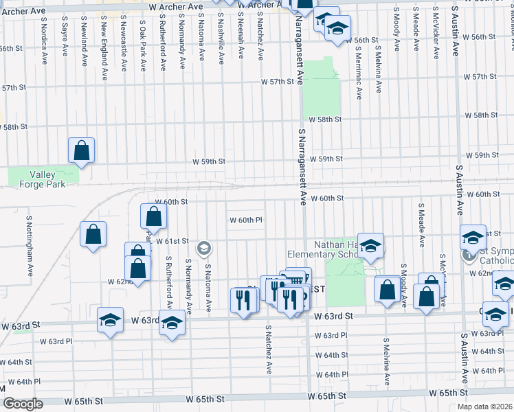 map of restaurants, bars, coffee shops, grocery stores, and more near 6512 West 60th Place in Chicago