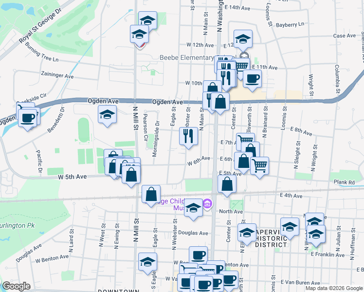 map of restaurants, bars, coffee shops, grocery stores, and more near 639 North Webster Street in Naperville
