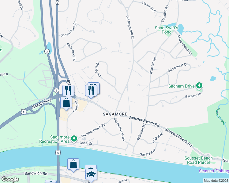 map of restaurants, bars, coffee shops, grocery stores, and more near 117 Old Plymouth Road in Bourne