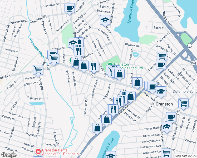 map of restaurants, bars, coffee shops, grocery stores, and more near 17 Egan Road in Cranston