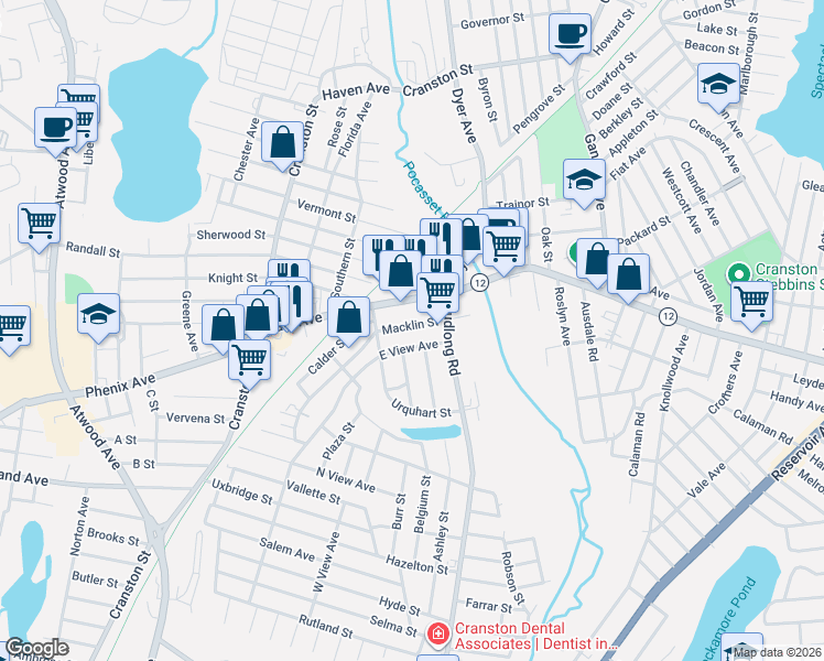 map of restaurants, bars, coffee shops, grocery stores, and more near 25 East View Avenue in Cranston