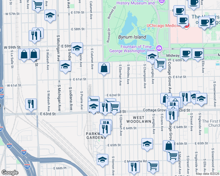 map of restaurants, bars, coffee shops, grocery stores, and more near 6146 South Vernon Avenue in Chicago